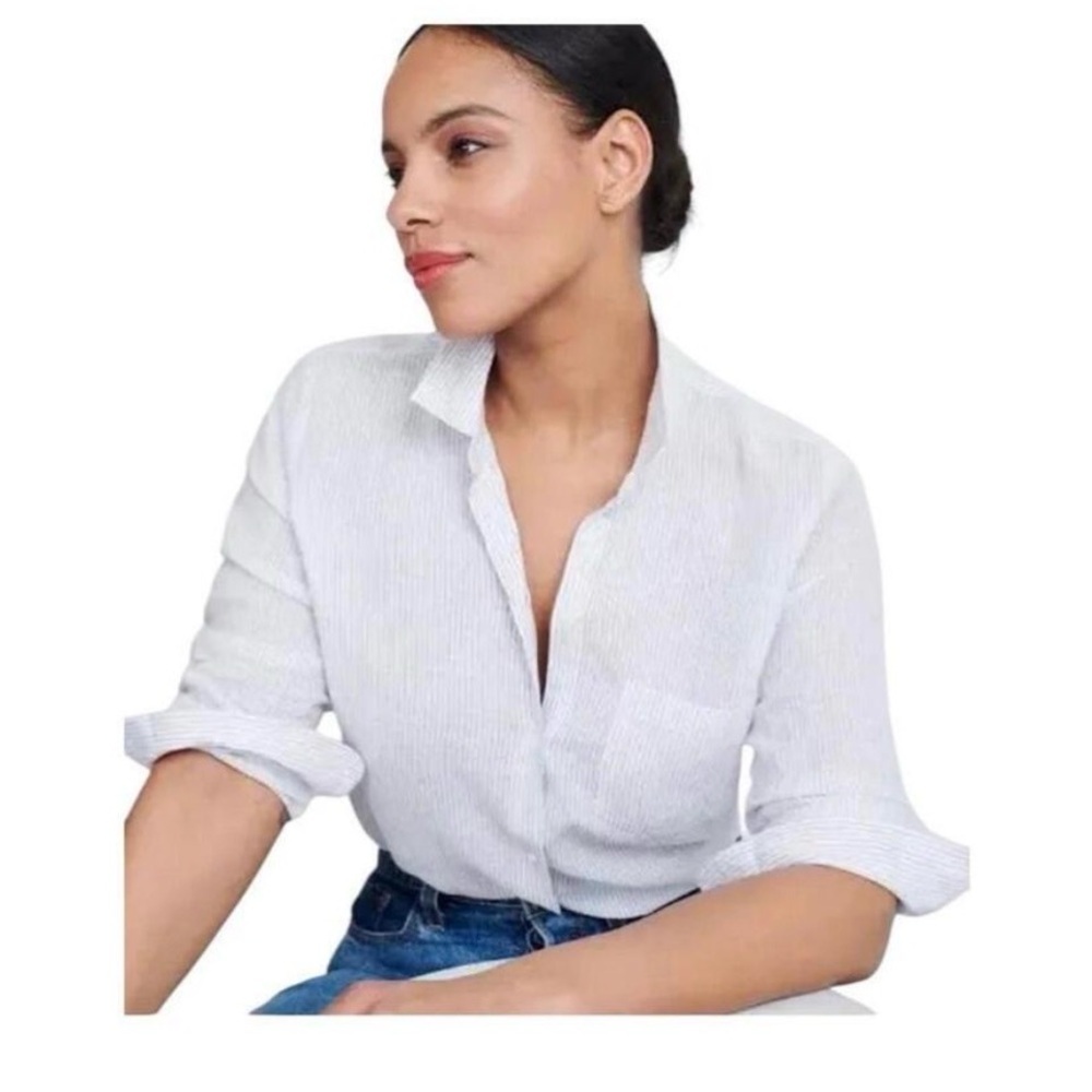 Untuckit Angelen women’s white and blue striped linen bland button shirt nwt( 20
